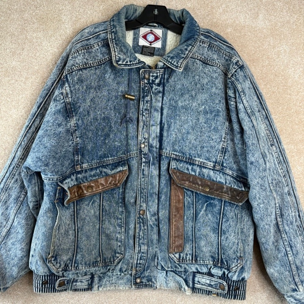 VINTAGE 80s Acid Wash Denim Bomber Jacket Mens Size XL Fleece Lined Distressed - Picture 4 of 12